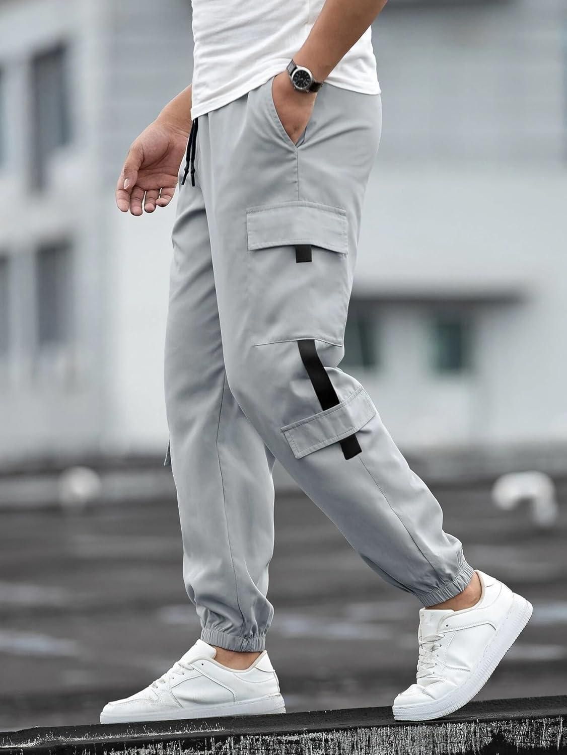 Men's Solid Cotton Cargo Pant | Grey | Regular Fit | Drawstring Waist