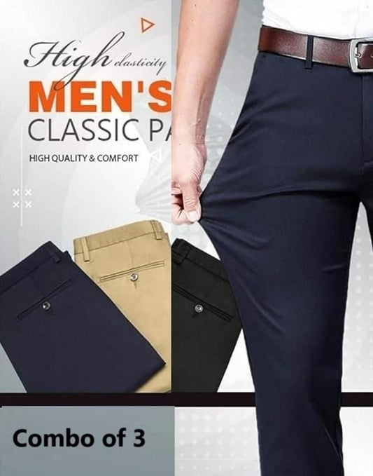 High Elasticity Men's Classic Pants (Pack of 3) | Cotton | Solid Pattern | Regular Fit