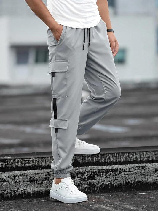 Men's Solid Cotton Cargo Pant | Grey | Regular Fit | Drawstring Waist