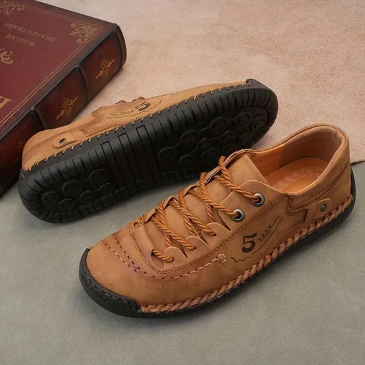Men's Tan Casual Leather Shoes – Lightweight | Synthetic Leather | Rubber Sole | Lace-Up | UK Size 6