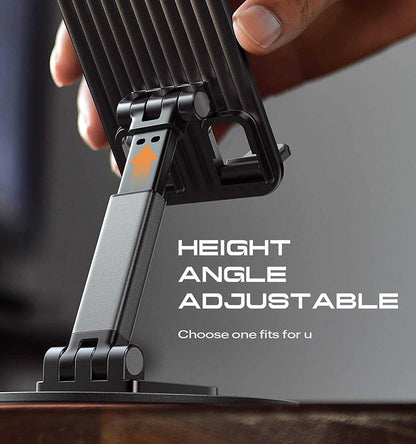 360° Rotating Mobile Phone Stand – Adjustable Height &amp; Angle | Foldable Desk Holder | Plastic Body