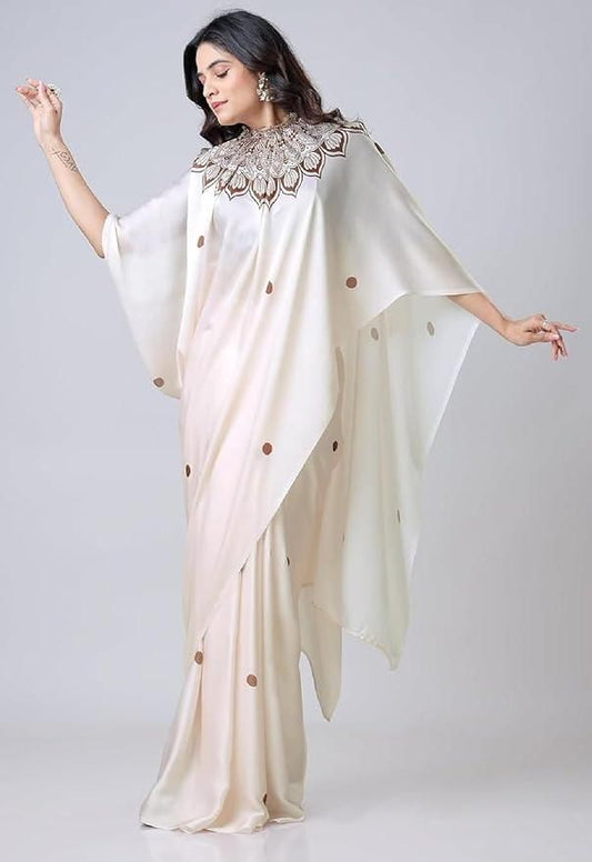 Satin Silk Printed Kaftan Saree with Unstitched Blouse – Elegant &amp; Lightweight | 5.5m Saree + 1m Blouse