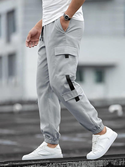 Men's Solid Cotton Cargo Pant | Grey | Regular Fit | Drawstring Waist