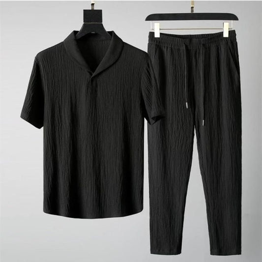 Men's Crinkled Co-Ord Set | Cotton Blend | Half Sleeve Shirt &amp; Track Pant | White