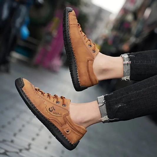 Men's Tan Casual Leather Shoes – Lightweight | Synthetic Leather | Rubber Sole | Lace-Up | UK Size 6
